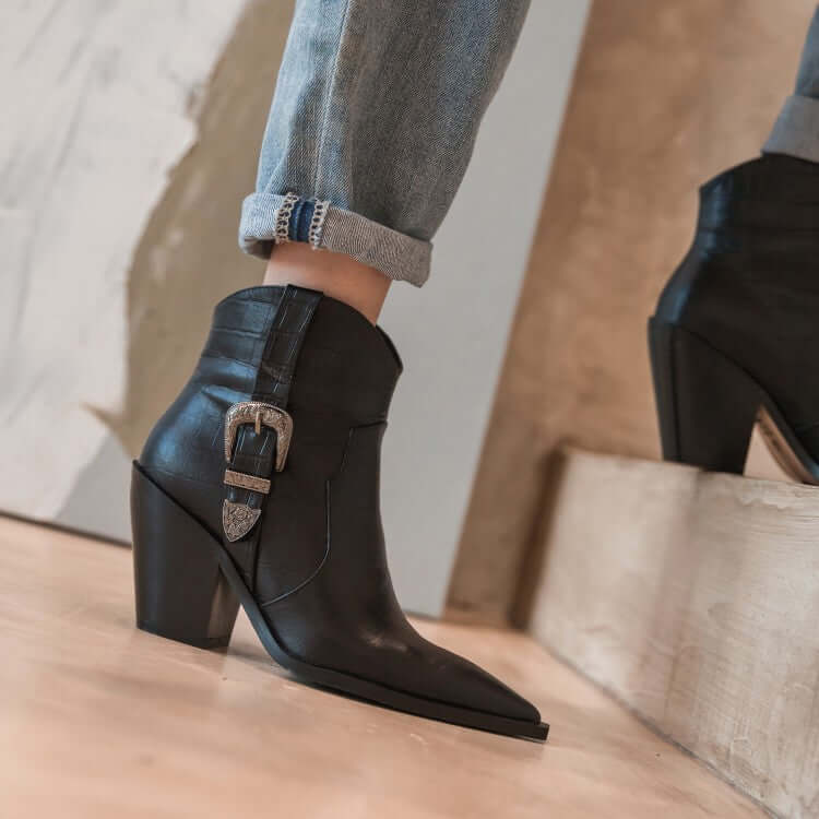 Thick Heel High-heeled Ankle Boots With Pointed Metal Belt Buckle BadAssWear.fi