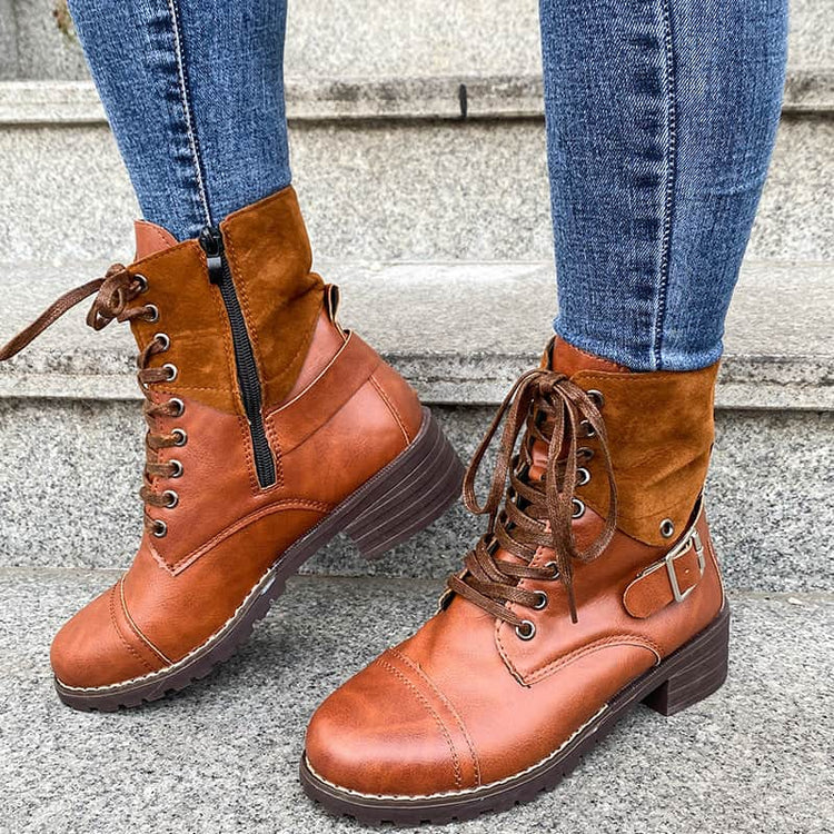 Lace-up Boots Winter Buckle Cowboy Boots Women Low Heel Shoes BadAssWear.fi