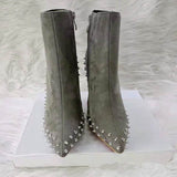 Suede Pointed Toe Gray Rivets Women's Boots Stiletto Heel Boots Side Zipper British Style Martin Boots BadAssWear.fi