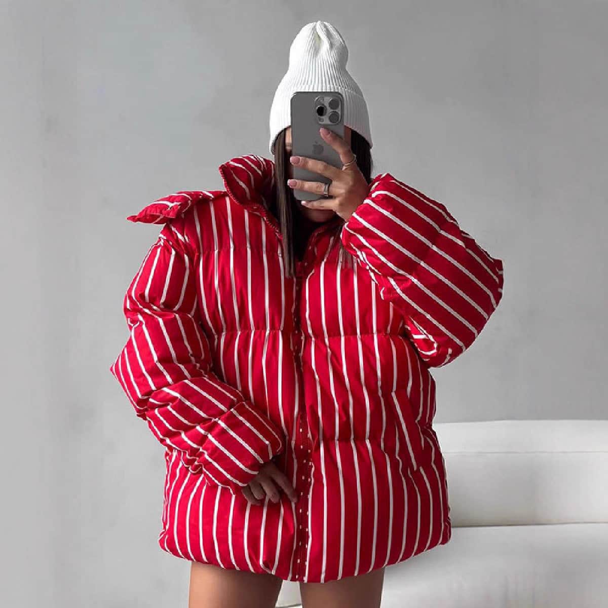 Warm Stand Collar Striped Hooded Cotton Coat Jacket BadAssWear.fi