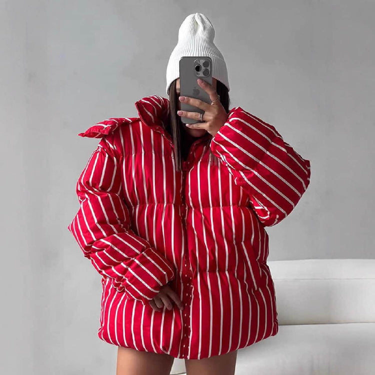 Warm Stand Collar Striped Hooded Cotton Coat Jacket BadAssWear.fi