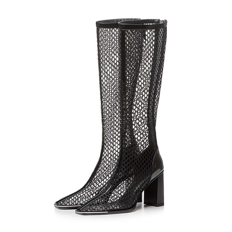 Chunky Heel Boots Mesh Back Zip Black BadAssWear.fi