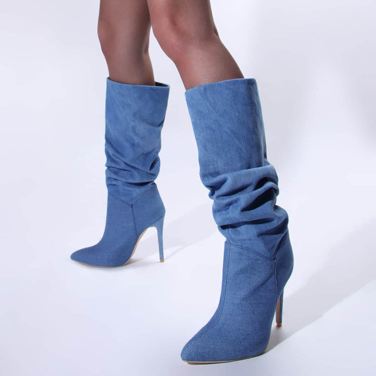 Pointed-toe Stiletto Denim Pile Style Boots For Women BadAssWear.fi