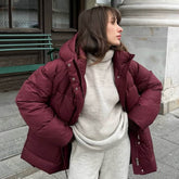 Wine Red Hooded Cotton Jacket Lace-up Waist Zipper Bread Thermal Cotton-padded Coat BadAssWear.fi